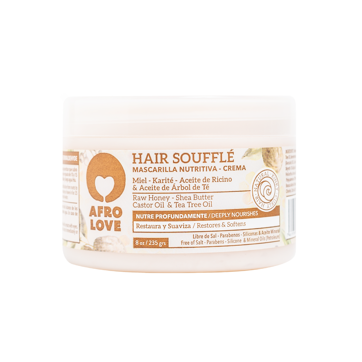 Hair Souffle, la delicia nutritiva para tu pelo afro. Soy densa y suave, especialmente formulada para tratar tus hebras delicadas. Con miel, karité, aceites y mantecas, brindo lo que tu cabello necesita. ¿Cómo aplicarme? Lava con shampoo, elimina el exceso de humedad y aplica por secciones, dejando 1cm desde la raíz. Déjame actuar durante 5 minutos y enjuágame completamente. Disfruta de mi fórmula liberada. Tu cabello merece el mejor cuidado con Hair Souffle.