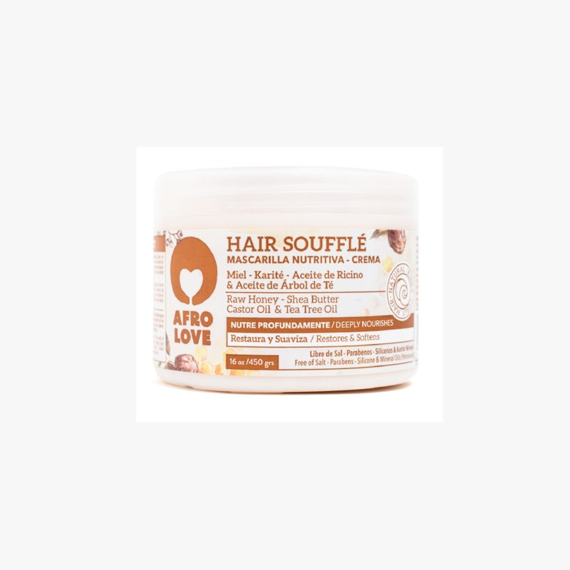  Soy el Hair Souffle, una crema densa y nutritiva para tu cabello afro. Reconozco que tienes hebras delicadas, por lo que te trato con suavidad y amor. Contengo miel, karité, aceites y mantecas, pues son los elementos que tu cabello necesita. ¿Cómo me aplicas? Después de lavar con shampoo, elimina el exceso de humedad y distribúyeme por secciones, dejando 1 cm desde la raíz. Permíteme actuar durante 5 minutos y luego enjuágame completamente. Además, soy un producto liberado. 